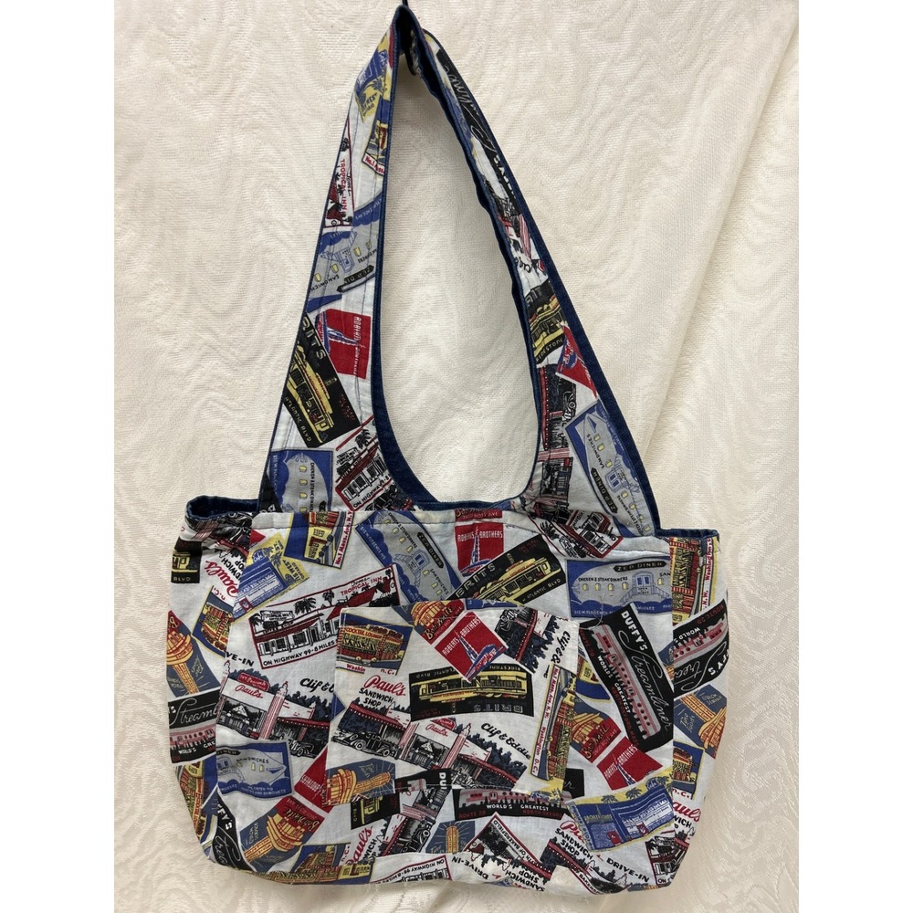 Handmade Reversible Tote Bag Vintage Diner Roadside Print Denim Hobo Bucket Bag‎